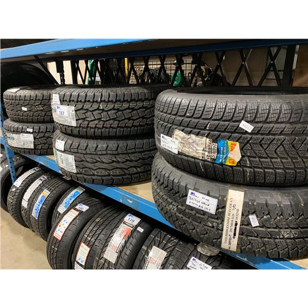 SHELF OF 6 ASSORTED SIZED PERFORMANCE VEHICLE TIRES *MUST TAKE ALL TIRES*