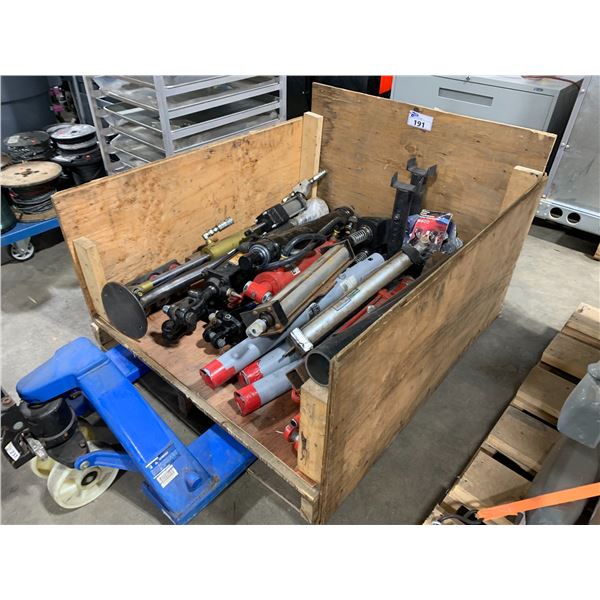 PALLET OF ASSORTED LARGE INDUSTRIAL HYDRAULIC RAMS, AIR POP SPRINGS & LOAD STABILIZING BARS