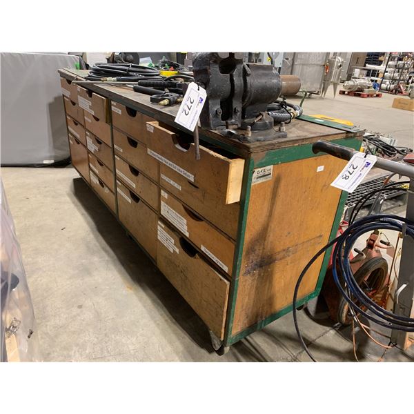 17 DRAWER 8' X 24" X 38"H MOBILE WOOD WORK BENCH WITH BENCH VISE, 6" BASIC DUAL BENCH GRINDER &