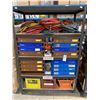 Image 1 : 5 TIER MOBILE BLACK SHELVING UNIT WITH ASSORTED PARTS BINS OF HARDWARE, HOSES & EXTENSION CORDS