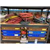 Image 2 : 5 TIER MOBILE BLACK SHELVING UNIT WITH ASSORTED PARTS BINS OF HARDWARE, HOSES & EXTENSION CORDS