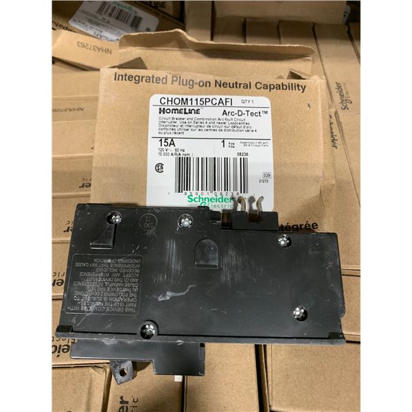 ASSORTED SCHNEIDER ELECTRIC HOMELINE ARC-D-TECT CIRCUIT BREAKERS AND COMBINATION ARC-FAULT