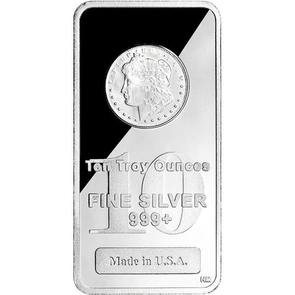 10 Oz Pure .999+ Fine Silver Bar W/Morgan Dollar Design