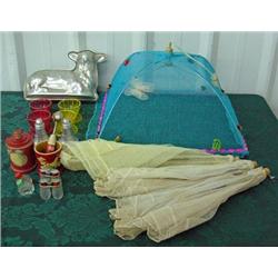 Lot Of Vintage Kitchen Items - Alum. Sheep Mold, Salt & Peppers, Picnic Food Covers, Etc.