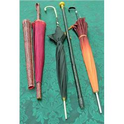 3 Vintage Umbrellas And 1 Walking Stick
