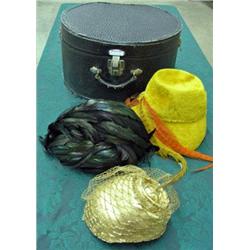 Black Leather Hatbox With 3 Vintage Feather Hats