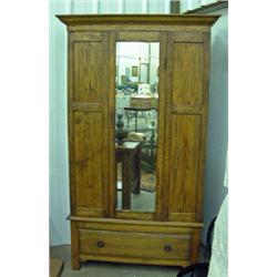 Oak Arts & Crafts Style Mirrored Door Armoire