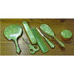 7 Piece Green Celluloid Vintage Dresser Set