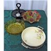 Image 1 : Goofus Glass Bowl, Amber Thumbprint Bowl, Black Deco Salt Shaker, P C P Co. Serving Dish In Holder A