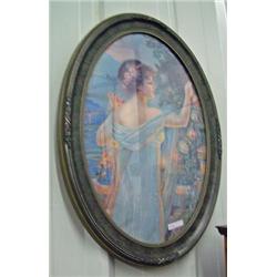 Oval Convex Frame Print Depicting Lady In Garden