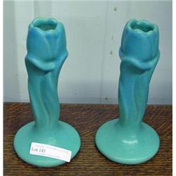 Pair Of Blue Van Briggle Candlesticks, 6 Inches