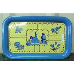 8 Vintage Metal Trays, Blue And Yellow Depicting A Victorian Woman With A Book