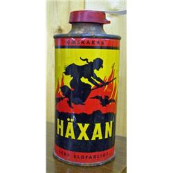 Haxan Advertising Tin Depicting A Witch On A Broom Flying Over Flames
