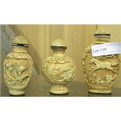 3 Hand Carved Snuff Bottles, Brass Seal Bases, Depicting A City Scene, Flowers And Horses