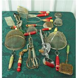 Lot Of Vintage Kitchen Utensils - Red, Green And Yellow Wooden Handled Strainers, Soap Strainer, Egg