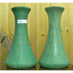 Two Matte Green With Pink Drip Vases - Believed To Be Roseville Rozanne 837-3. Incised Mark Of 064 -