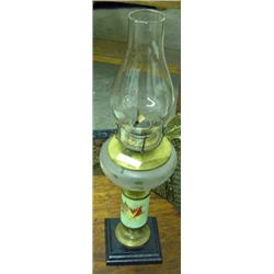 Unusual Oil Lamp, Metal Base, Porcelain Pedestal And Etched Glass Oil Receptacle