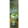Image 1 : Unusual Oil Lamp, Metal Base, Porcelain Pedestal And Etched Glass Oil Receptacle