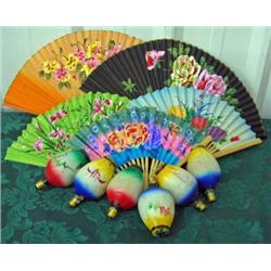 Lot Of Vintage Hand Fans And Large Chinese Lantern Style Bulbs