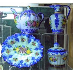 4 Pieces Blue Portugal Ceramics - Teapot, Vase, Covered Dish And Bowl