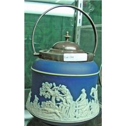 Wedgwood Style Blue Jasperware Biscuit Jar, Marked Adams, Tunstall, England