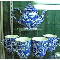 Blue And White Teapot And 4 Cups By Churchill, Staffordshire