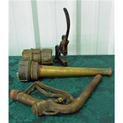 Lot 10" Brass Fire Nozzle, Brass Couplers And Gas Nozzle And Primitive Riveter