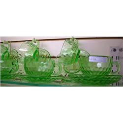 Eleven Sets Of Green Depression Pebble Optic Cups And Saucers