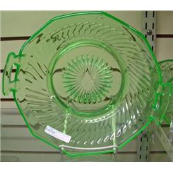 8 3/4inch Green Depression Bowl, Octagon And Swirl Type Of Pattern, 2 Handles