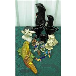 Lot Of Soapstone Birds On Twig, Chalkware Parrot Plaque, Black Amethyst Piece, Black Swan Vases, Etc