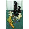 Image 1 : Lot Of Soapstone Birds On Twig, Chalkware Parrot Plaque, Black Amethyst Piece, Black Swan Vases, Etc