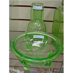 Green Depression 3 Footed Bowl And Block Optic Tumble Up