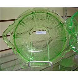 Green Depression 2 Handled Bowl, Cherry Blossom, 11 Inches