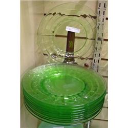10 Green Depression Plates, 8 1/4 Inches, Block Optic