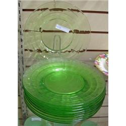 10 Green Depression Plates, 8 1/4 Inches, Block Optic