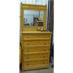 Victorian Highboy Side Lock 5 Drawer Dresser With Swing Mirror, Pin And Scallop Dovetailing