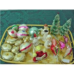 Vintage Christmas Items - Clip On Birds, Bottle Brush Trees, Paper Austria Snowman Figure, Angels, E