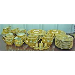 Japan Gold Lustre Plum Blossom China, Ca. 1931 - 2 Teapots, Sugar, Creamer, 4 Pc. Condiment Set, Bow