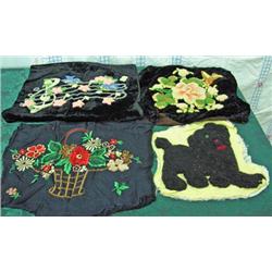 Lot Of Pillow Tops - Embroidered Leaves And Flowers, And Hand Hooked Dog, Treble Clef And Flowers