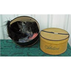 Stetson Sueded Hat Box And Round Hat Box With Vintage Ostrich Feathers