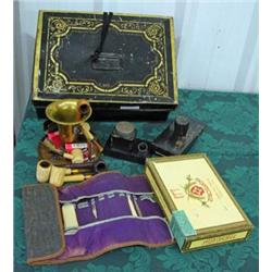 Old Metal Cash Box From 1920's Grocery Store In Minnesota, Brass Smoking Stand, Inkwell, Etc.