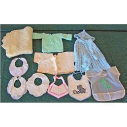 Lot Of Vintage Baby Items - Crocheted Sweater And Cape, Blanket, Cute Bibs