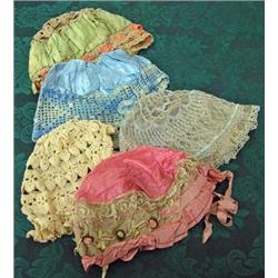 Lot Of Vintage Satin And Lace Sleeping Caps, Crocheted Handbag And Embroidered Scarf