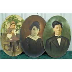 3 Oval Convex Pictures - Boy With Cat And Man & Woman Portraits