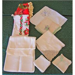Lot Of Vintage Linens - Printed Xmas Tablecloths, Embroidered Luncheon Cloths, Etc.