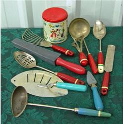 Lot Of Vintage Kitchen Utensils - 7 Red Handled, 3 Blue Handled, Aluminum And Painted Canister, Etc.