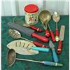 Image 1 : Lot Of Vintage Kitchen Utensils - 7 Red Handled, 3 Blue Handled, Aluminum And Painted Canister, Etc.