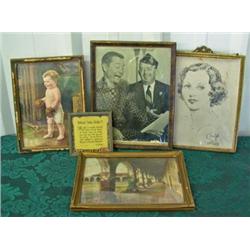 Vintage Framed Toddler With Boxing Gloves Print, 1927 Motto, Sketch Of Lady, Joe E Brown Photo, Etc.