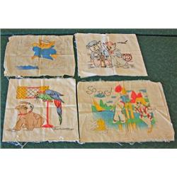 Lot Of Vintage Pillow Covers - Both Hand Painted And Embroidered, Cute Children's Subject Matter