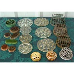 Large Lot Of Vintage Flower Frogs - 8 Clear Glass, 1 Carnival, 1 Lustre, Several Metal